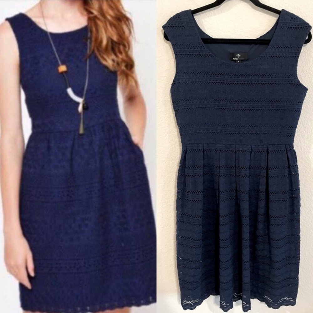 Ronni & Nicole Women’s Midi Dress Size 6 Blue Crochet Lace Contemporary Coastal